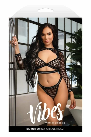 Fantasy Lingerie BARBED WIRE FISHNET Set Black L/XL - 3-Piece Metallic Trim