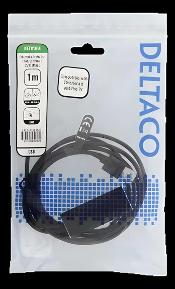 Ethernet adapteris DELTACO „ChromeCast“, USB, RJ45,1m, 100 Mbps, USB-A + USB juodas / CAST-ETHERNET