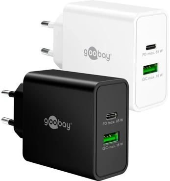 Goobay 65 W USB-C PD GaN dvigubas greitasis įkroviklis baltas