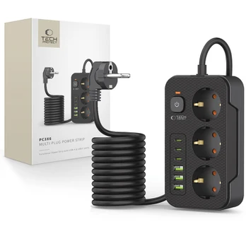 Juodas 3x lizdai + 3xUSB + 3xUSB-C prailgintuvas "Tech-Protect PC3X6 Power Strip"