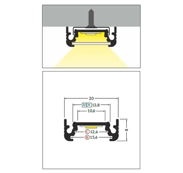 3m LED juostos profilis SURFACE10 BC/UX, neanoduotas aliuminis