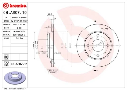 Stabdžių diskas BREMBO 08.A607.11