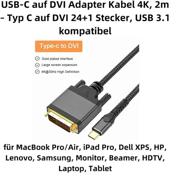 Usb-c į Dvi kabelis 4k, 2m