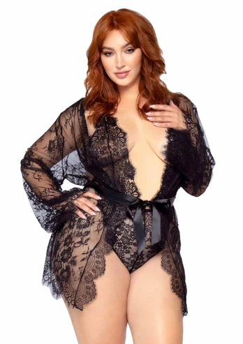Leg Avenue Plus Teddy Set with Cheeky Thong & Lace Robe, Black, 3-Piece