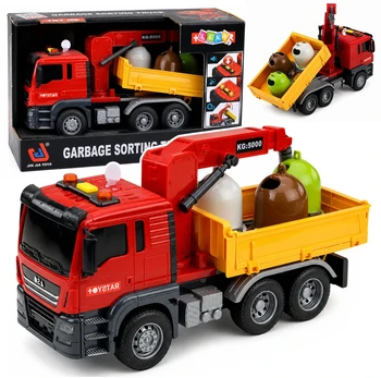 Lean Toys Truck Crane Garbage Sorting Containers Lights Sound Raudona