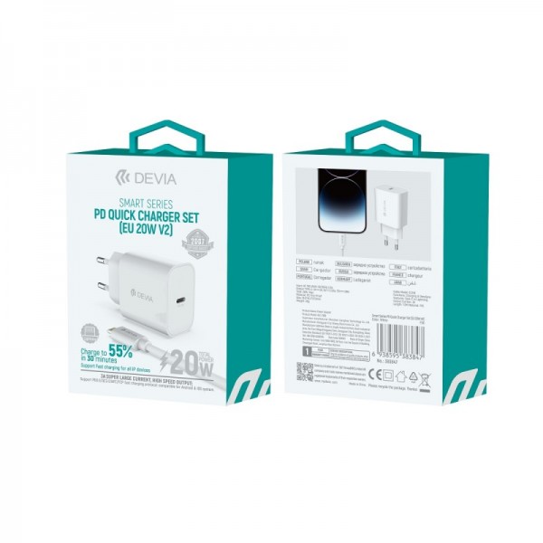 Devia wall charger Smart PD 20W 1x USB-C baltas + Lightning - USB-C cable V2