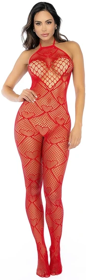 Mapale Heart Fishnet Bodystocking Rhinestone Red One Size
