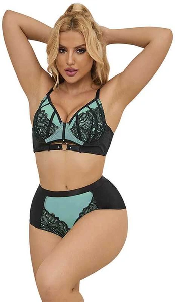 Subblime Sets SUBBLIME - 955557 Žalias PATENT LEATHER MESH ZIPPER BRA SET S/M