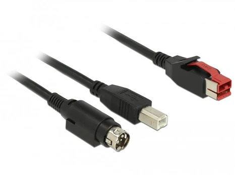 Delock PoweredUSB Kabelis Stecker 24 V > USB Typ-B Stecker + Hosiden Mini-DIN 3