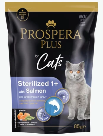 Konservi kaķiem - Prospera Plus, Cat Pouch Sterilized 1+, lašiša and Peas, 85 g