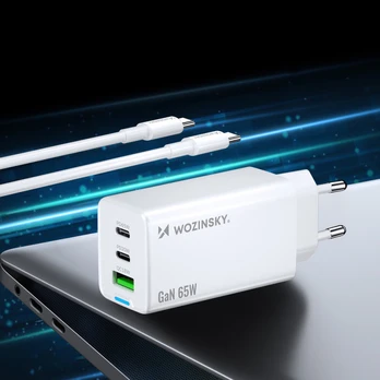 Wozinsky GaN 65W Charger with 2xUSB-C USB Ports with 65W CC Cable - Baltas