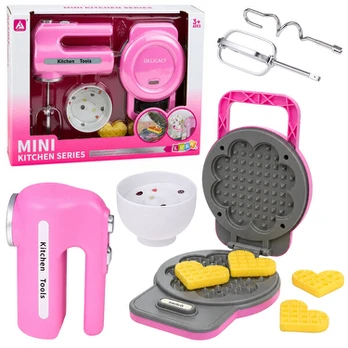 Kitchen Set Waffle Maker Mixer Interchangeable Tips Lights Sounds Pink