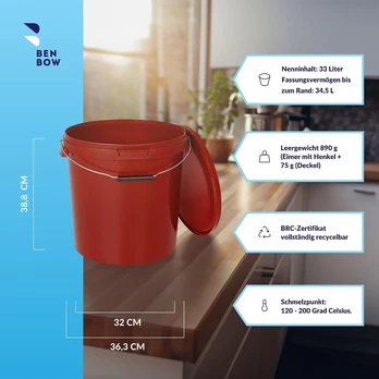 BenBow plastikinis kibiras su dangčiu, 30 l, raudonas