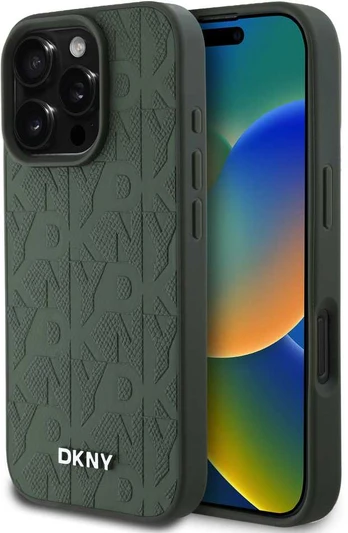 Dėklas DKNY PU Leather Grid Pattern Magsafe Case for iPhone 16 Pro Žalias
