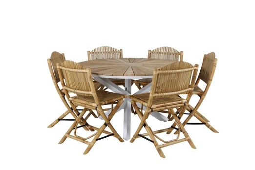 Mexico Table ø 140 - White/Teak+Cane Foldable dining Chair - Bamboo / Grey Cushion_6