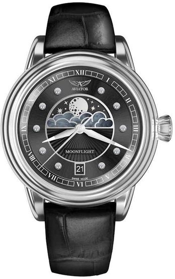 Laikrodis AVIATOR Douglas Moonflight Sidabrinis Diamonds Edition V.1.33.0.381.4