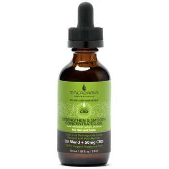 Maitinamasis, drėkinamasis koncentruotas aliejus sausiems plaukams ir galvos odai Macadamia Strengthen & Smooth Concentrated Oil, 53 ml, su CBD aliejumi