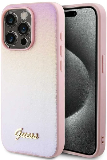 Guess PU Leather Iridescent Metal Script Case for iPhone 15 Pro Rožinė