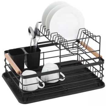 Two-Tier Dish Drying Rack, Steel-Plastic-Wood, Black - KINGHoff