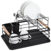 Two-Tier Dish Drying Rack, Steel-Plastic-Wood, Black - KINGHoff kaina
