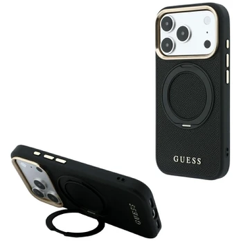 Dėklas Guess Ring Stand 360 Grained Classic Logo MagSafe do iPhone 18 Pro Max / 17 Pro Max juoda