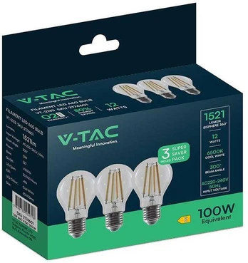 V-TAC LED lemputė 12W E27 A60 6500K 3 vnt.