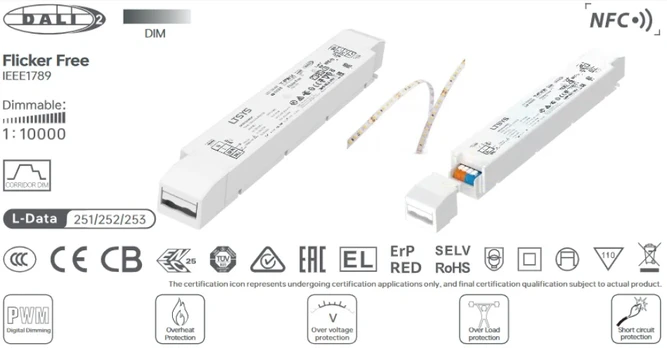 Ltech Impulsinis LED maitinimo šaltinis 24Vdc, 4.17A, 100W, DALI2,DT-6, NFC, PUSH DIM,PWM tipo išėjimas