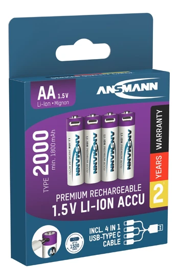 1x4 Ansmann Lithium Akku Mignon AA 1800mAh + Cable 1312-0036