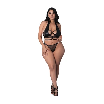 Magic Silk Nadia Diamond Mesh Halter Top & Ring Thong 2X Black