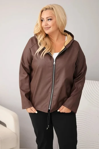 Moteriška Plus Size striukė su gobtuvu ir reguliuojama apačia, ruda