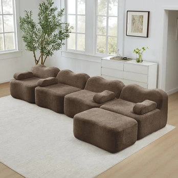 L-formos modulinė sofa be rėmo, 32D putos, 4 vietų su pufu