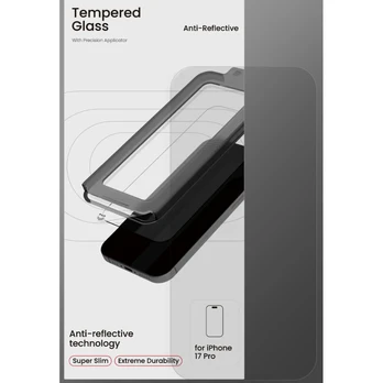 iPhone 16 Pro / iPhone 17 apsauginis stiklas su tikslaus uždėjimo rėmeliu