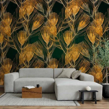 Artgeist Fototapetas - Golden peacock feathers - solid background with bird pattern on žalias background
