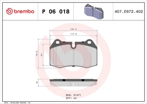 Stabdžių trinkelių rinkinys, diskinis stabdys BREMBO P 06 018
