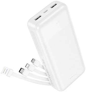 Powerbank Hoco 20000 mAh 2A with four built-in cables USB A + USB C+ Lightning + Micro USB J163A baltas