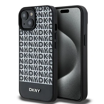 Dėklas DKNY PU Leather Repeat Pattern Bottom Stripe MagSafe Case for iPhone 15 Juodas