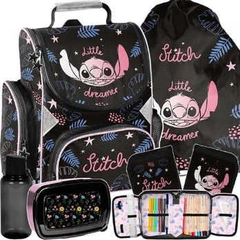 Stitch standi mokyklinė kuprinė 1–4 klasei, 5 dalių komplektas su priemonėmis