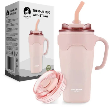 Termosinis puodelis su šiaudeliu, 650 ml, rožinis
