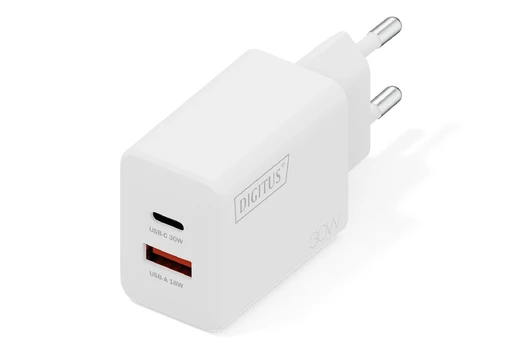 DIGITUS USB-Ladegerät GaN 30W, 1x USB-C, 1x USB-A baltas