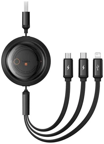 Fast Charging Cable 3in1 Baseus Free2Draw, USB to micro USB+USB-C+Lightning, 3.5A, 1.1m (black)