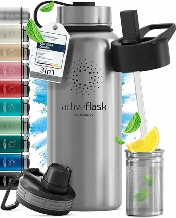 Bemaxx ACTIVE FLASK Nerūdijančio plieno gertuvė su šiaudeliu 950 ml, pilka