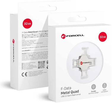 Atminties kortelė FORCELL F-DATA pendrive Metal Quad 32GB USB3.2 Gen 1 (USB A / Type C / Lightning / Micro USB) sidabrinis