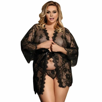 Subblime Queen Plus Black Lace Peignoir with Flared Sleeves Set