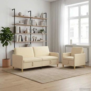 Sofa Sofos komplektas su saugojimu 2 pcs Kreminė Poliesteris