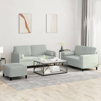 Sofa Sofos komplektas su pagalvėmis, 3 dalių, pilkas, aksomas