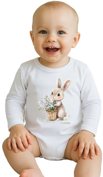 Kūdikių bodis su spaudiniu New Baby Rabbit su gėlėmis