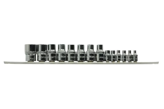 Galvučių komplektas E-TORX, lizdas / pavara: 1/2; 1/4", 14 vnt., matmuo TORX / E-TORX: E10, E11, E12, E14, E16, E18, E20, E24, E4, E5, E6, E7, E8, pakuotė: juosta