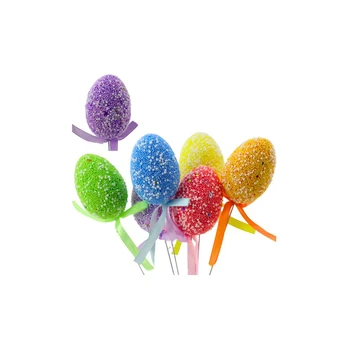 Lean Easter Eggs On A Wire Pick Colorful Patterns Ribbon Decoration 6pcs B