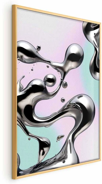 Artgeist Plakatas - Metallic Fluidity - abstract sidabrinis forms on a mint-violetinė background