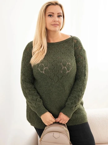 Moteriškas Plus Size ažūrinis megztinis, chaki spalvos